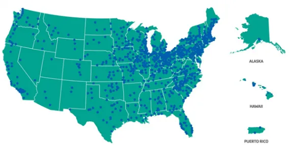 A map of the US with dots showing locations of all YMCAs.