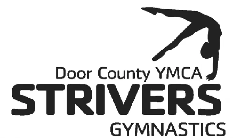 Graphic of a silhoutted gymnast above the words Door County YMCA Strivers Gymnastics