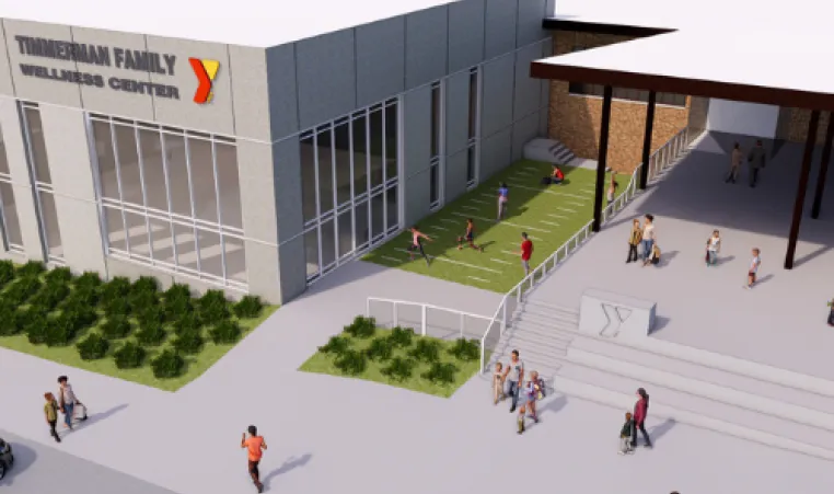 Artist rendering showing the new renovated entrance and expanded Sturgeon Bay Program Center.