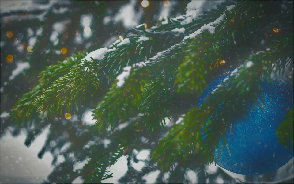 Snow on evergreens with ornaments